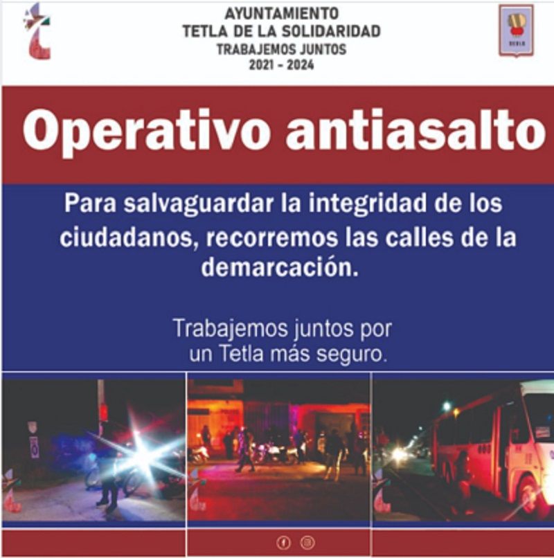 Seguridad Pública Municipal de Tetla, implementa  operativo antiasalto